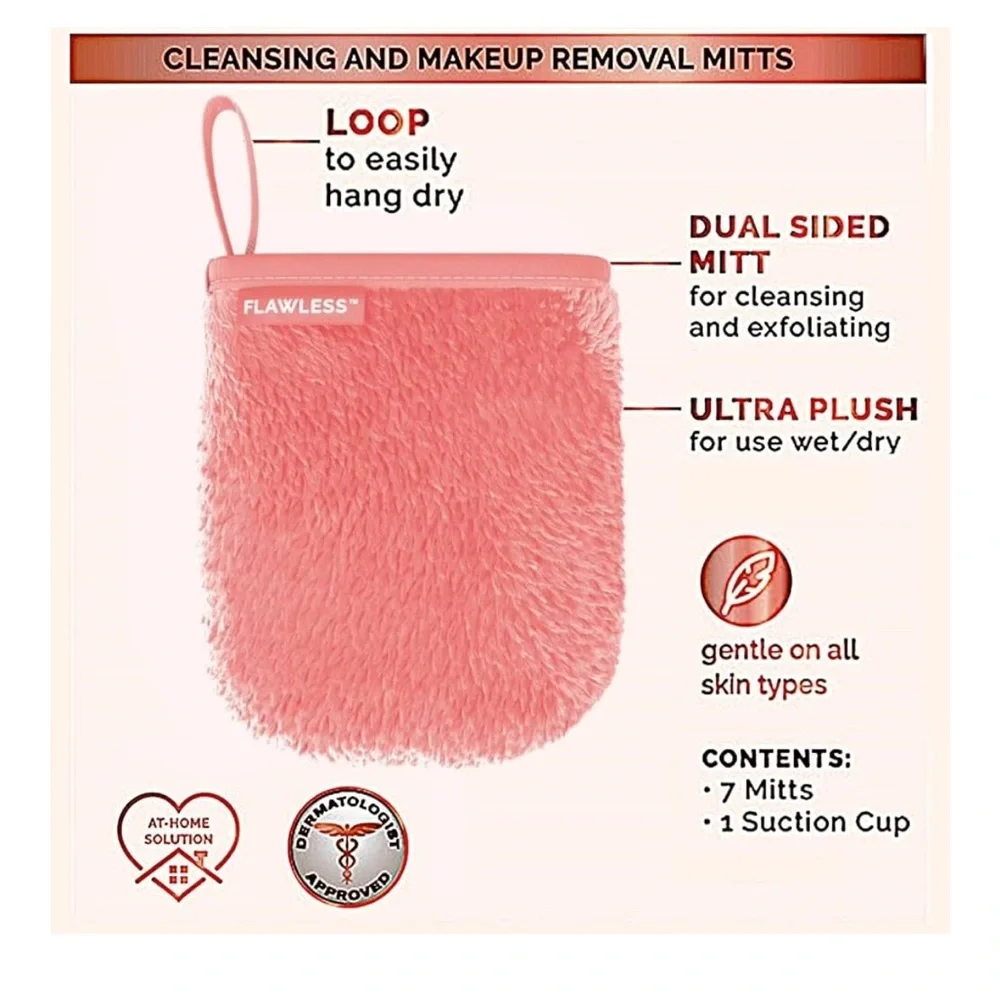 Flawless Pink Cleansing Mitt Set,‎ Reusable 7-Day Facial Mitt Makeup Remover